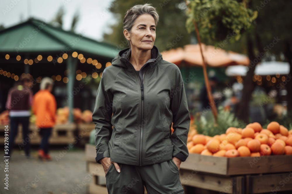 Mature woman in a green jacket at the market. Autumn.