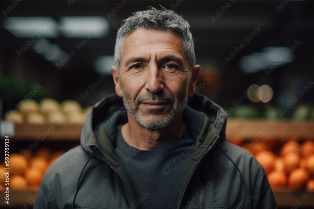 Portrait of mature man looking at camera while standing in grocery store Portrait of mature man looking at camera while standing in grocery store