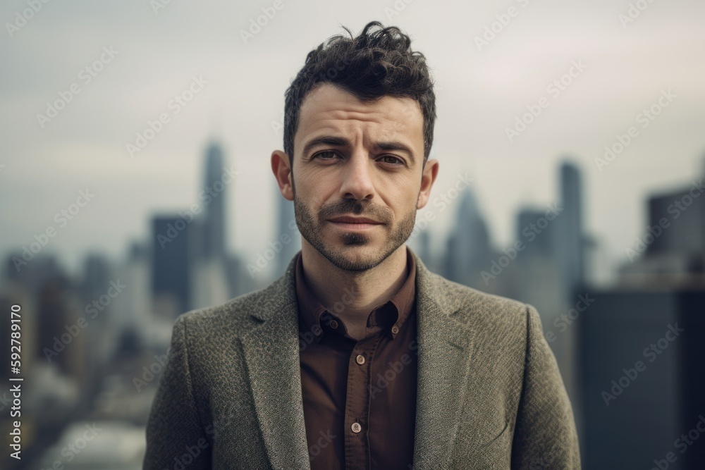 Portrait of a handsome man in a business suit on a city background ...