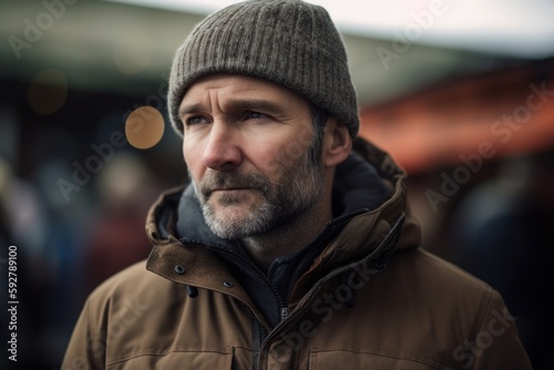 Portrait of a bearded middle-aged man with a gray beard in a brown jacket and a knitted hat. © Robert MEYNER