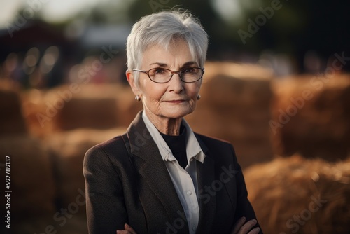 Portrait of a senior woman with glasses in the hayloft