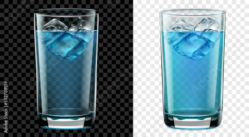 Translucent tall glass of blue water with ice cubes. Two options, for dark and light background. Transparency only in vector format