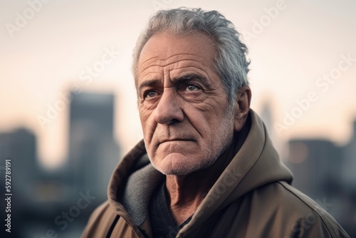 Portrait of a senior man with grey hair outdoors in the city