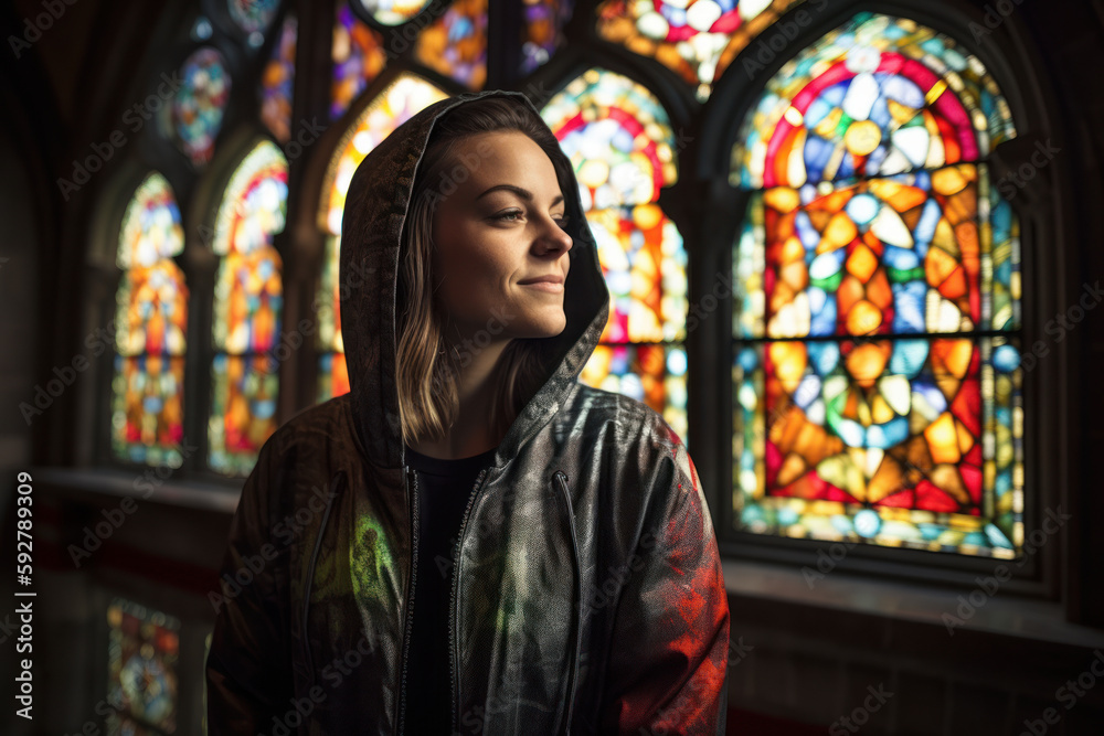 Young woman in a hooded sweatshirt in front of stained glass window