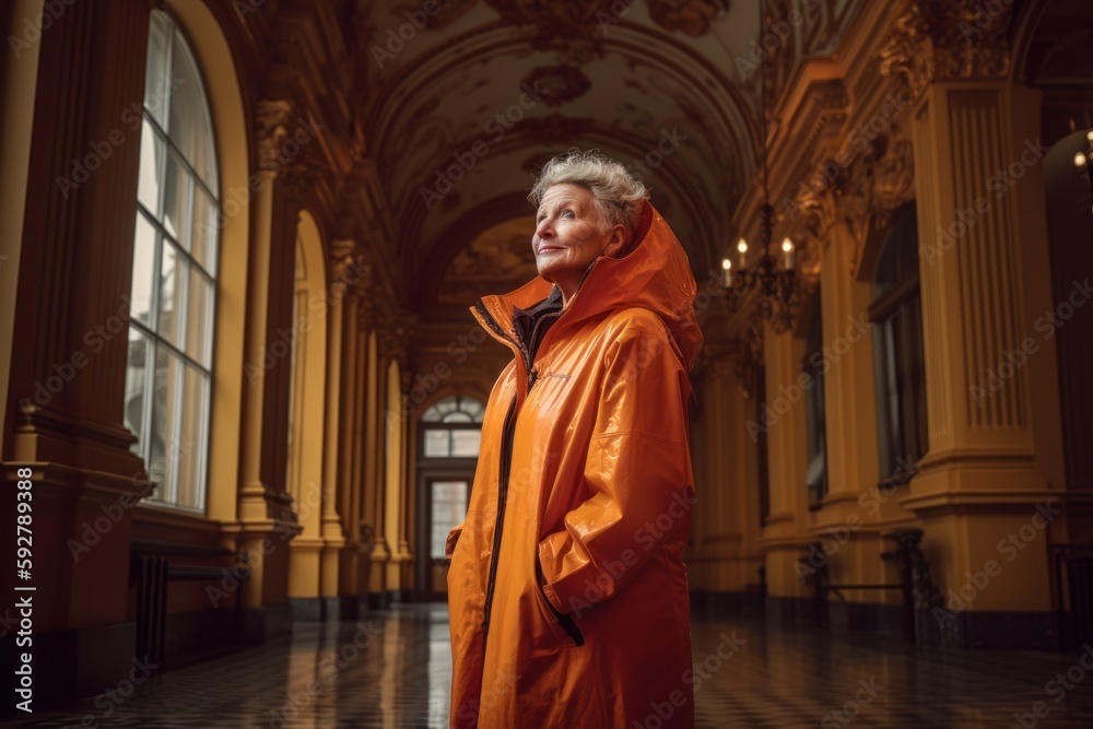 Fototapeta premium Portrait of an elderly woman in an orange raincoat in the old building.