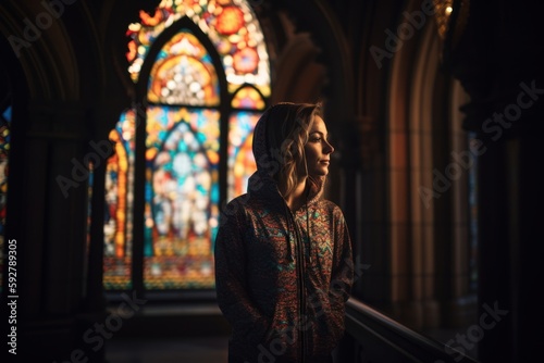 Young woman in front of a stained glass window in the church.