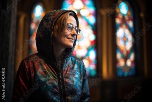 Young woman in front of a stained glass window in a church.