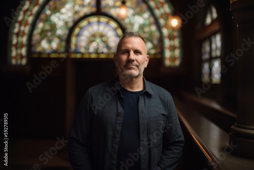 Portrait of a handsome middle-aged man in a church.