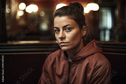 Portrait of a beautiful young woman in a brown coat in a cafe