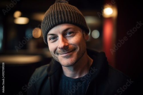 Portrait of a handsome man in a hat and jacket in a cafe