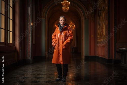 Portrait of a senior woman in an orange coat standing in a hall © Robert MEYNER