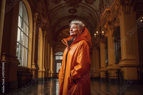 Portrait of an elderly woman in an orange raincoat in the old building.
