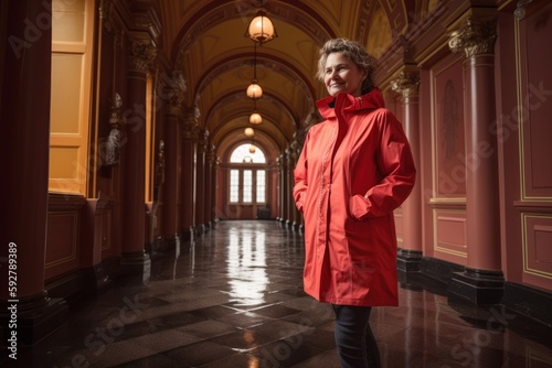 Portrait of a happy senior woman in a red coat in the gallery