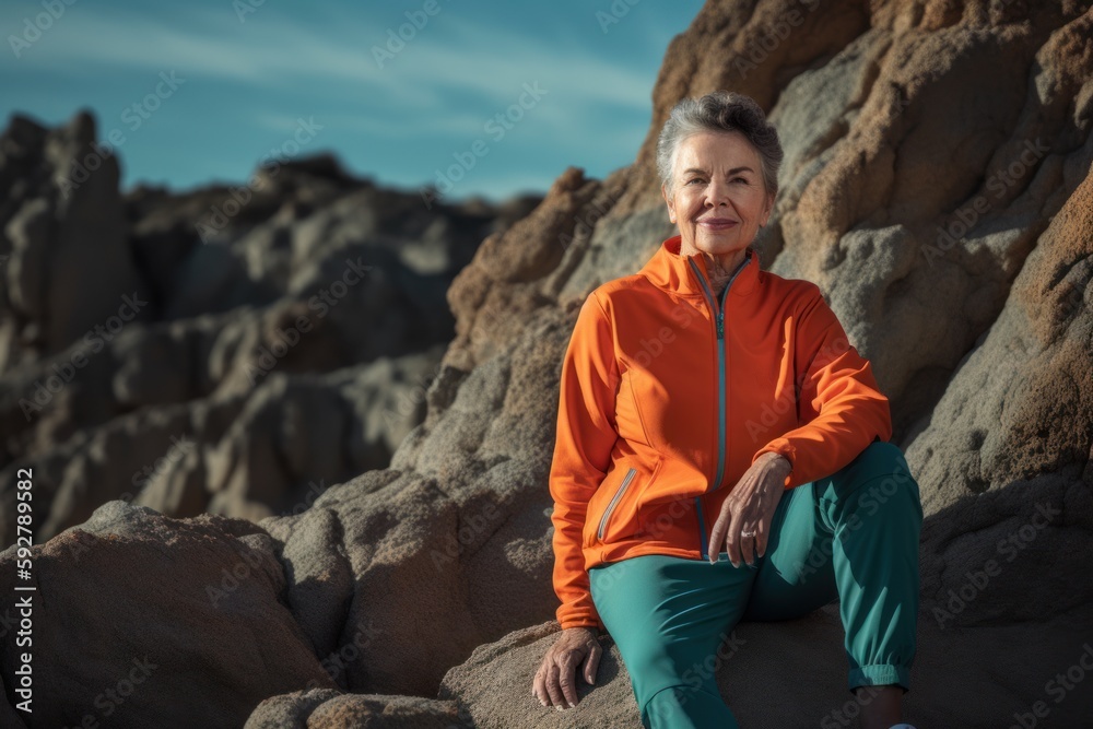 Portrait of a middle-aged woman in an orange tracksuit sitting on the rocks by the sea. Portrait of a middle-aged woman in an orange tracksuit sitting on the rocks by the sea.