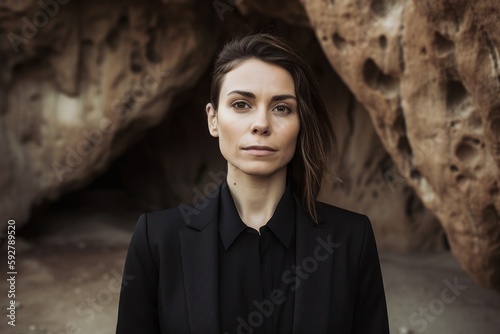 Portrait of a beautiful young woman in a black coat in a cave