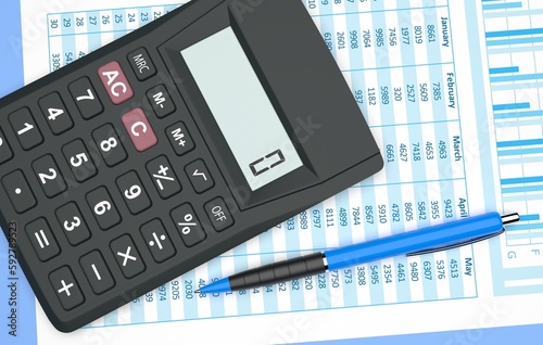 business accounting, a calculator and spreadsheets with financial charts and calculation for project management, 3d illustration photo