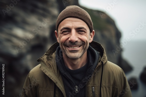 Portrait of a handsome smiling man with hat and jacket standing by the sea