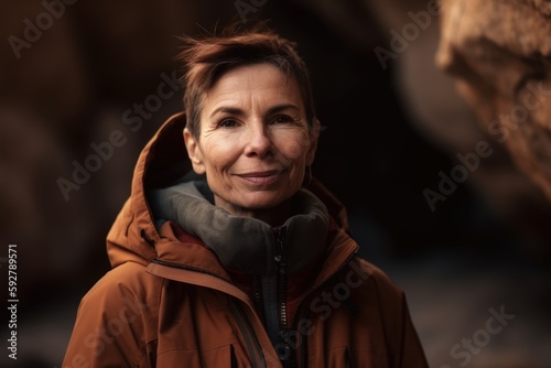 Portrait of a beautiful mature woman in a warm jacket outdoors.