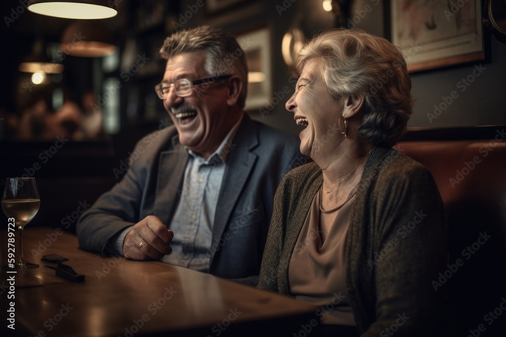 Man and woman laughing at dinner in a restaurant Generative ai Man and woman laughing at dinner in a restaurant Generative ai
