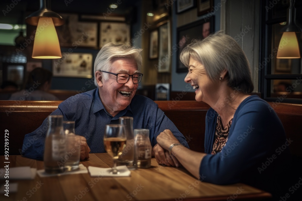 Man and woman laughing at dinner in a restaurant Generative ai