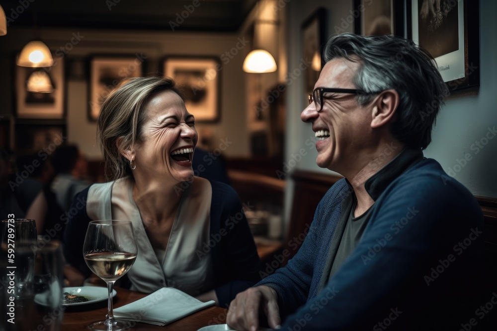 Man and woman laughing at dinner in a restaurant Generative ai Man and woman laughing at dinner in a restaurant Generative ai