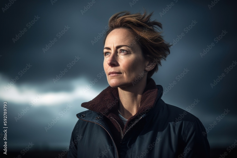Portrait of a woman with wind in her hair on dark background Portrait of a woman with wind in her hair on dark background
