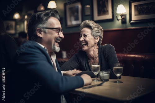 Man and woman laughing at dinner in a restaurant Generative ai © ChaoticMind