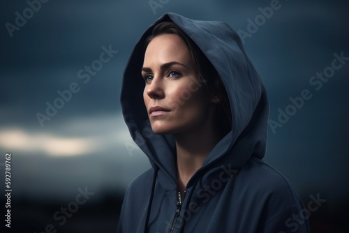 Lifestyle portrait photography of a pleased woman in her 30s wearing a stylish hoodie against a dramatic stormy sky background. Generative AI