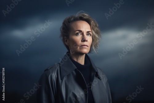 portrait of a beautiful woman in a raincoat on a dark sky background