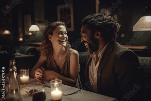 Man and woman laughing at dinner in a restaurant Generative ai