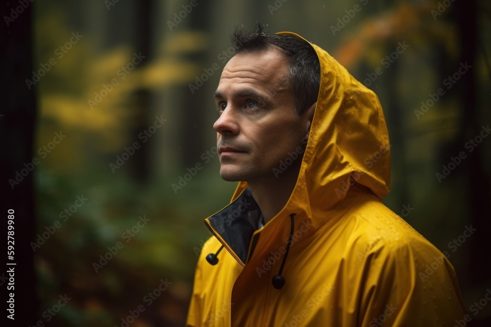 Fototapeta premium Photography in the style of pensive portraiture of a grinning man in his 40s wearing a vibrant raincoat against a mystical forest background. Generative AI