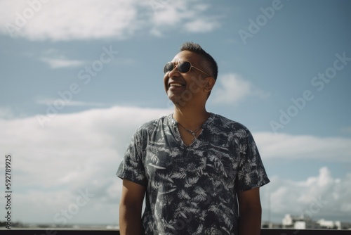 Portrait of a happy asian man wearing sunglasses against blue sky © Robert MEYNER
