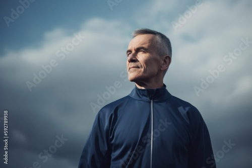 Portrait of senior man in sportswear against cloudy sky.
