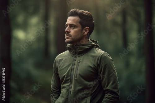Handsome young man in sportswear standing in forest.
