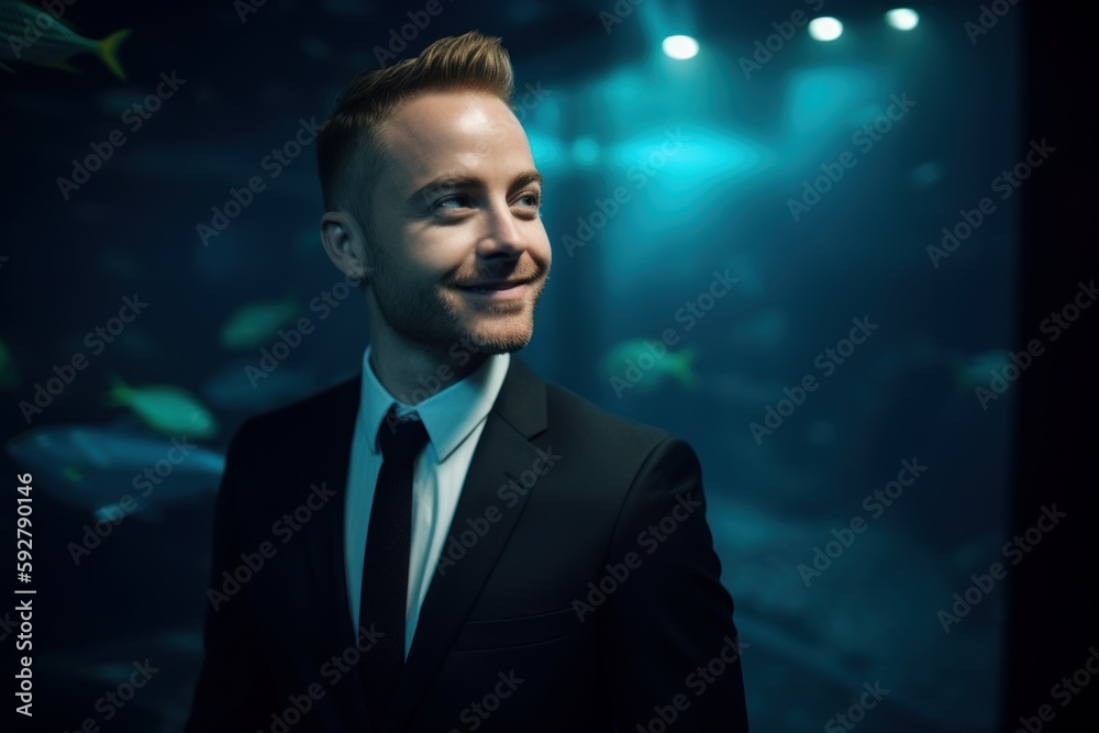Portrait of a handsome young man in a black suit and tie standing in a dark room. Portrait of a handsome young man in a black suit and tie standing in a dark room.