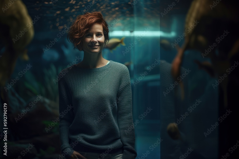 Portrait of a red-haired woman looking at the camera in an aquarium
