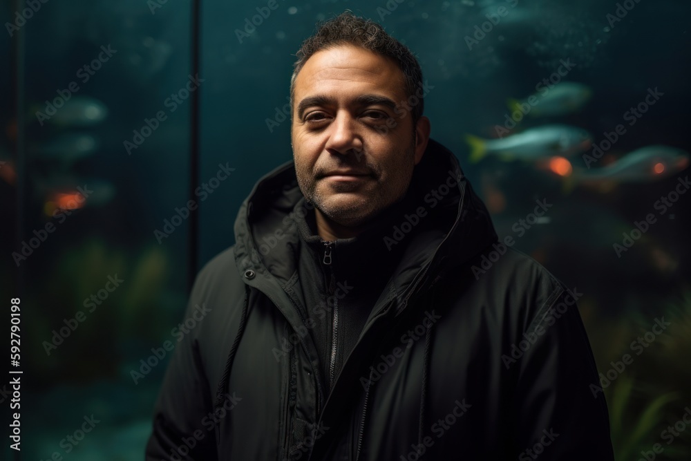 Portrait of a man in a dark raincoat in an aquarium Portrait of a man in a dark raincoat in an aquarium