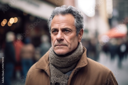 Portrait of a middle-aged man with gray hair and gray eyes, wearing a brown coat and gray scarf, standing in the street.