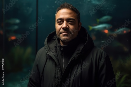 Portrait of a man in a dark raincoat in an aquarium