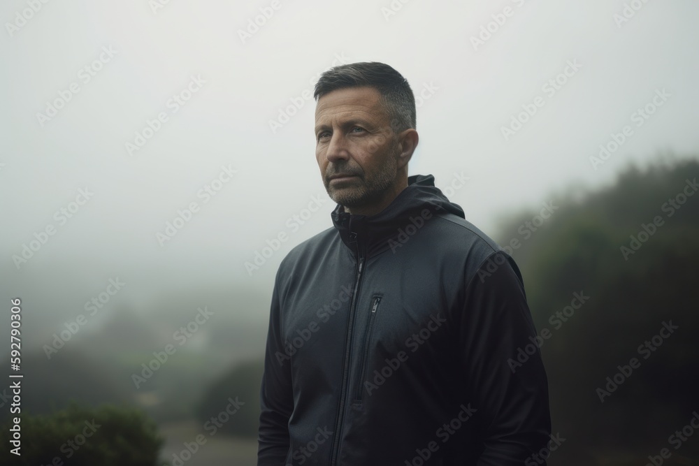 Portrait of a man in a black jacket on a foggy day. Portrait of a man in a black jacket on a foggy day.