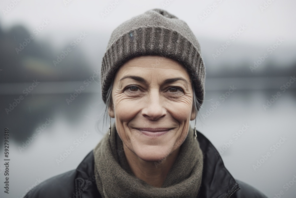 Portrait of a middle-aged woman in a knitted hat on a background of a lake Portrait of a middle-aged woman in a knitted hat on a background of a lake