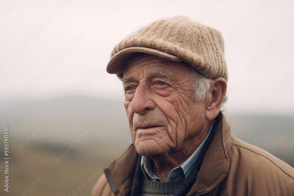 Portrait of senior man in hat looking at camera in countryside. Portrait of senior man in hat looking at camera in countryside.