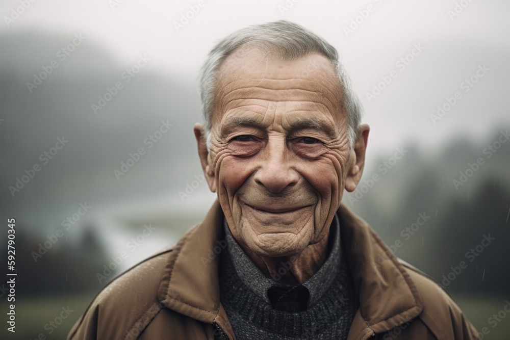 Portrait of an elderly man in the rain on a foggy day Portrait of an elderly man in the rain on a foggy day