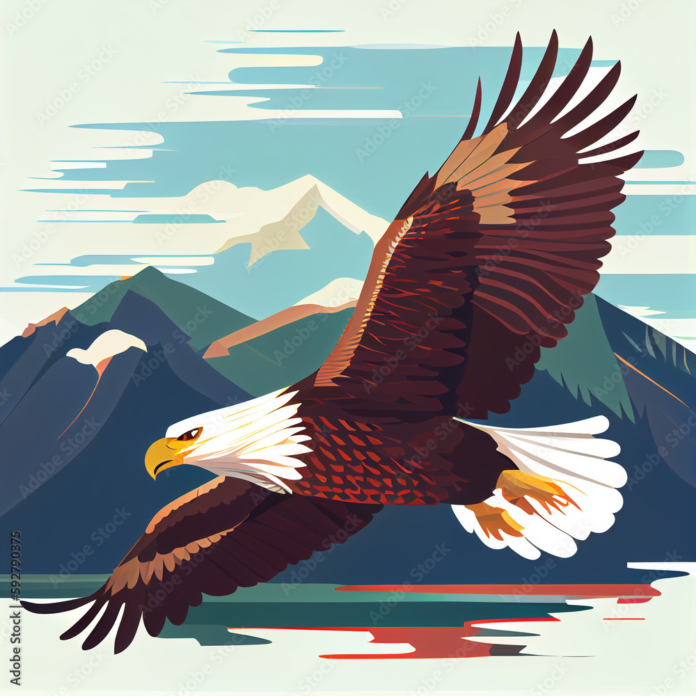 Fototapeta premium bald eagle soaring, vector illustration, flat design style, Generative AI