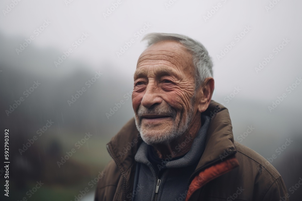 Portrait of a senior man standing in a foggy forest.