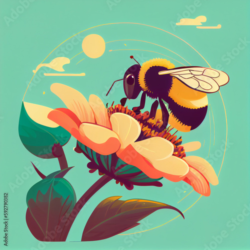 bee pollinating a flower  vector illustration  flat design style  Generative AI