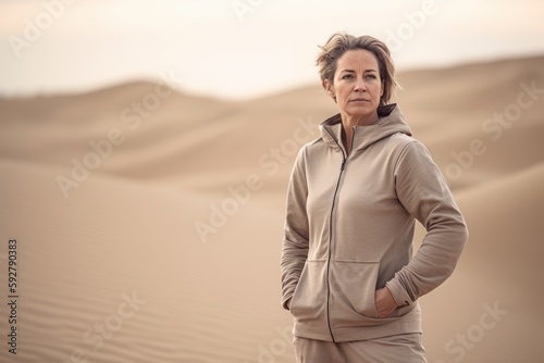 Mature woman in the middle of the desert dunes at sunset