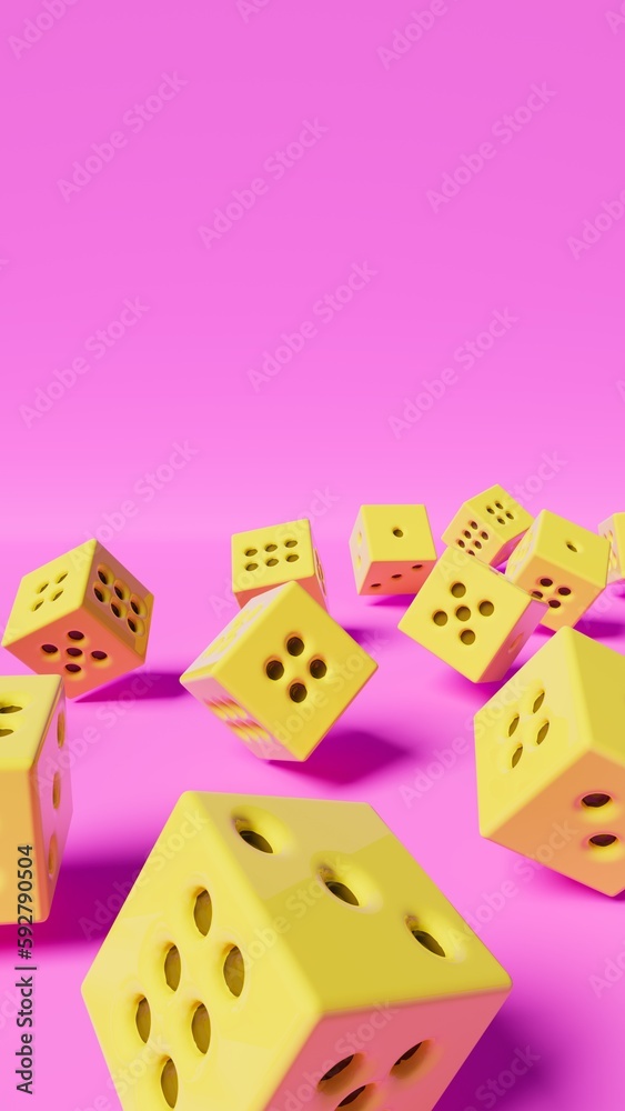 Many yellow dice in disorder on purple scenery, 3d illustration, randomness theme Many yellow dice in disorder on purple scenery, 3d illustration, randomness theme