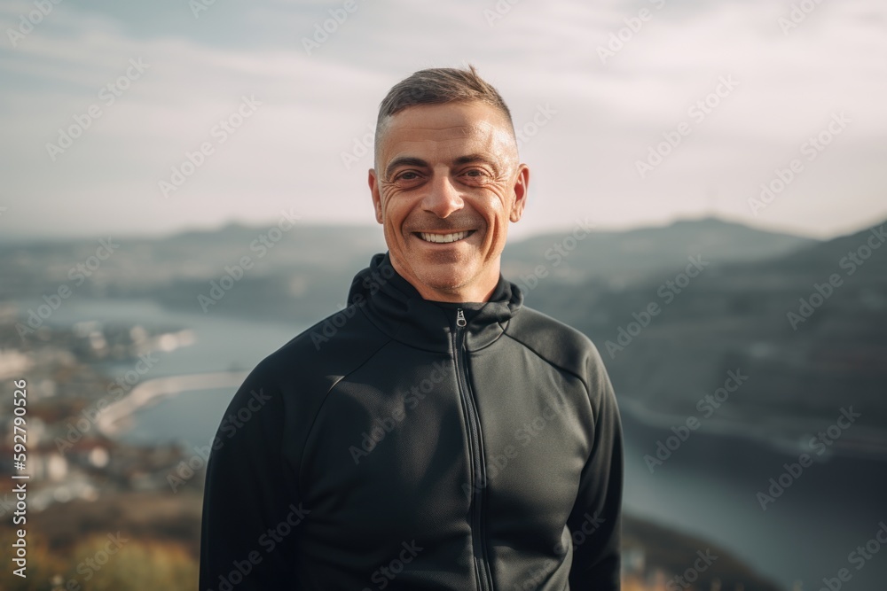Handsome young man in black sportswear smiling and looking at camera while standing on top of a mountain