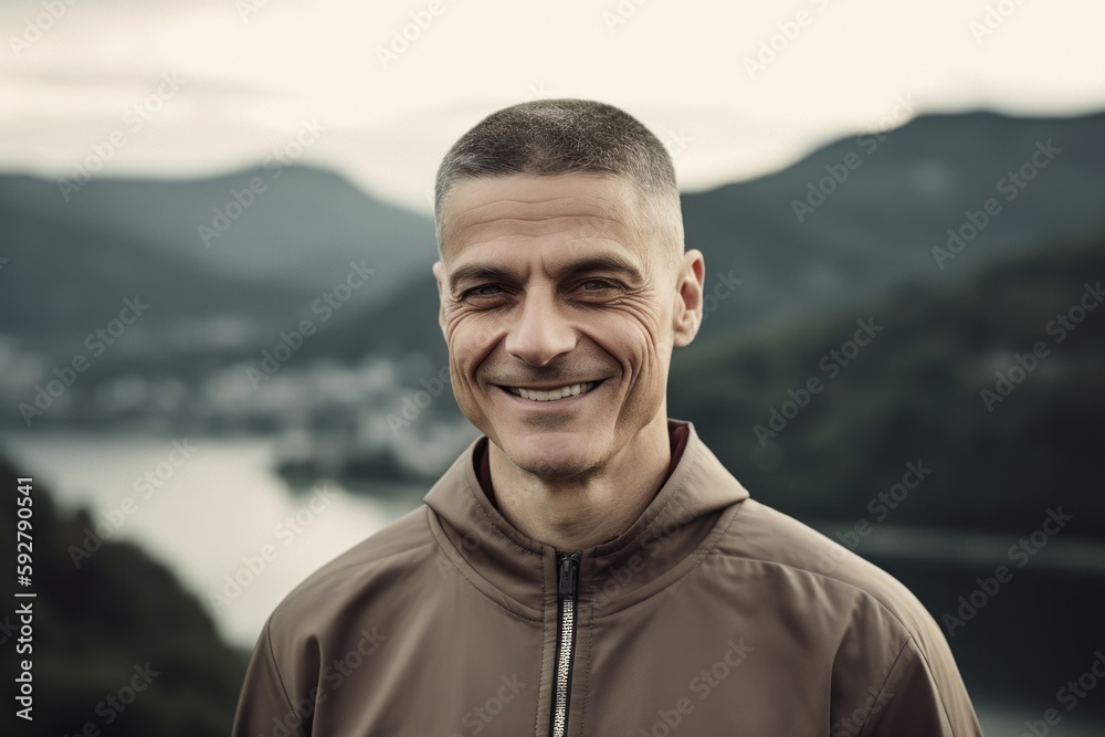 Portrait of a handsome smiling man in a brown jacket on the background of a mountain landscape. Portrait of a handsome smiling man in a brown jacket on the background of a mountain landscape.